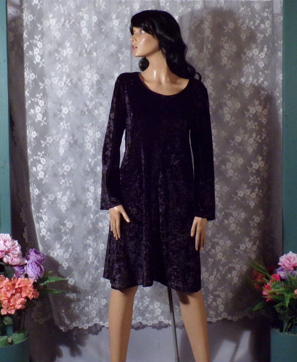 Vintage 90s Crushed Velvet Mini Dress Goth Bell Sleeve Whimsygoth Witchy Size M